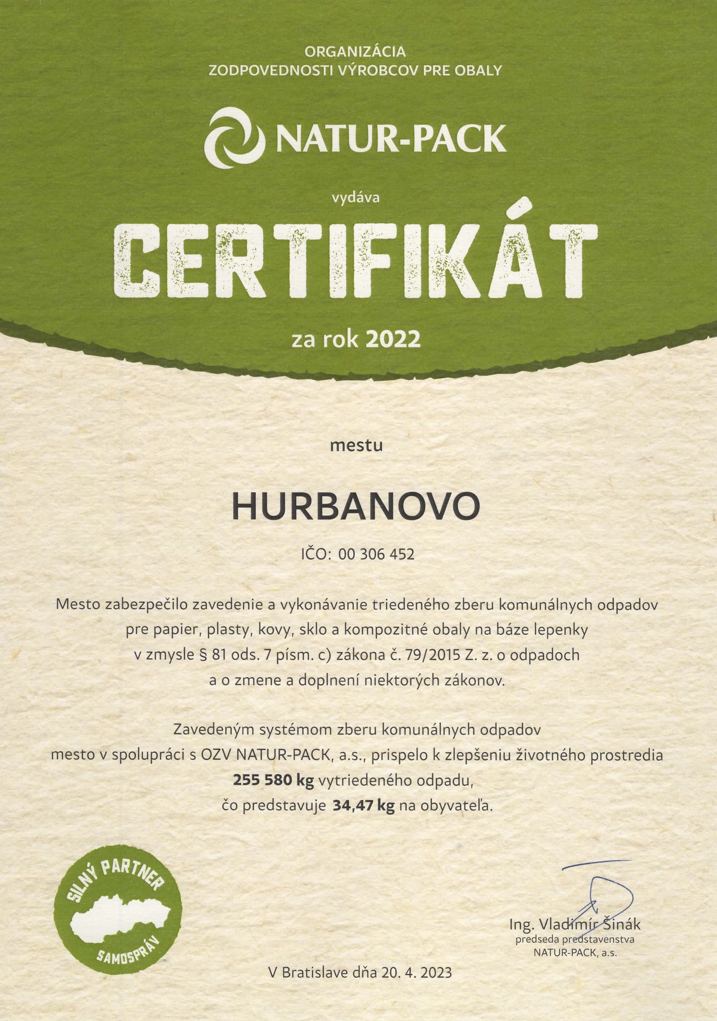 certifikat Natur-Pack za rok 2022